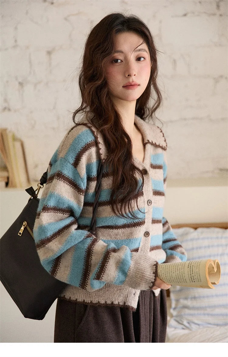 Mishow Retro Striped V-Neck Wool Cardigan MXE87Z2681