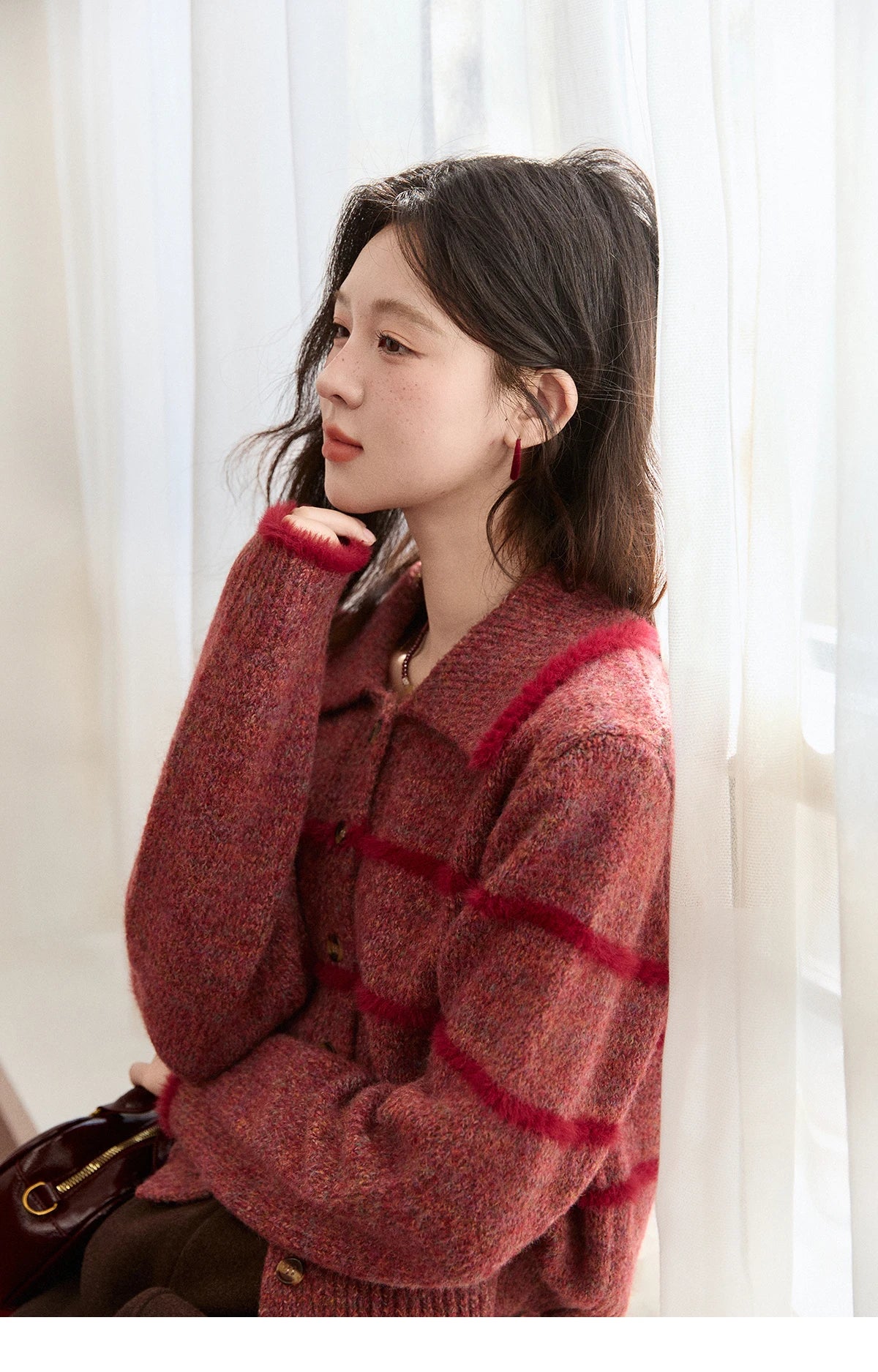 Mishow Red Striped Large Lapel Fleece Cardigan MXE94Z2888