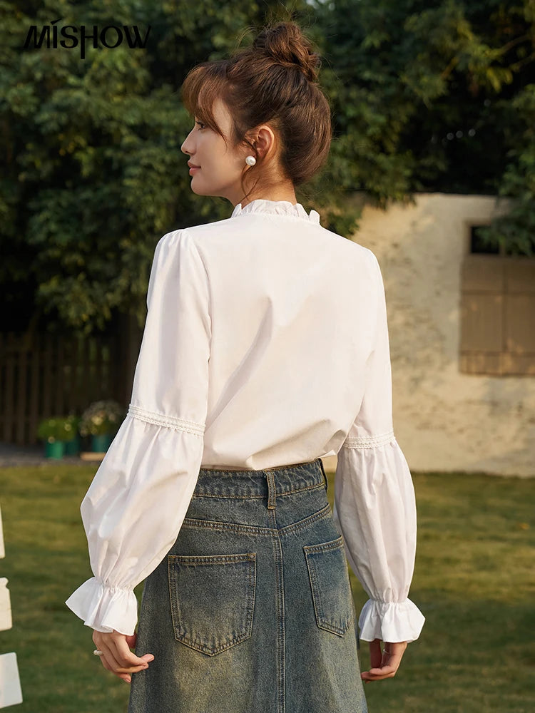 MISHOW French Pleated V-Neck Shirt Petal Patchwork Ruffle Sleeve MXD13X1354