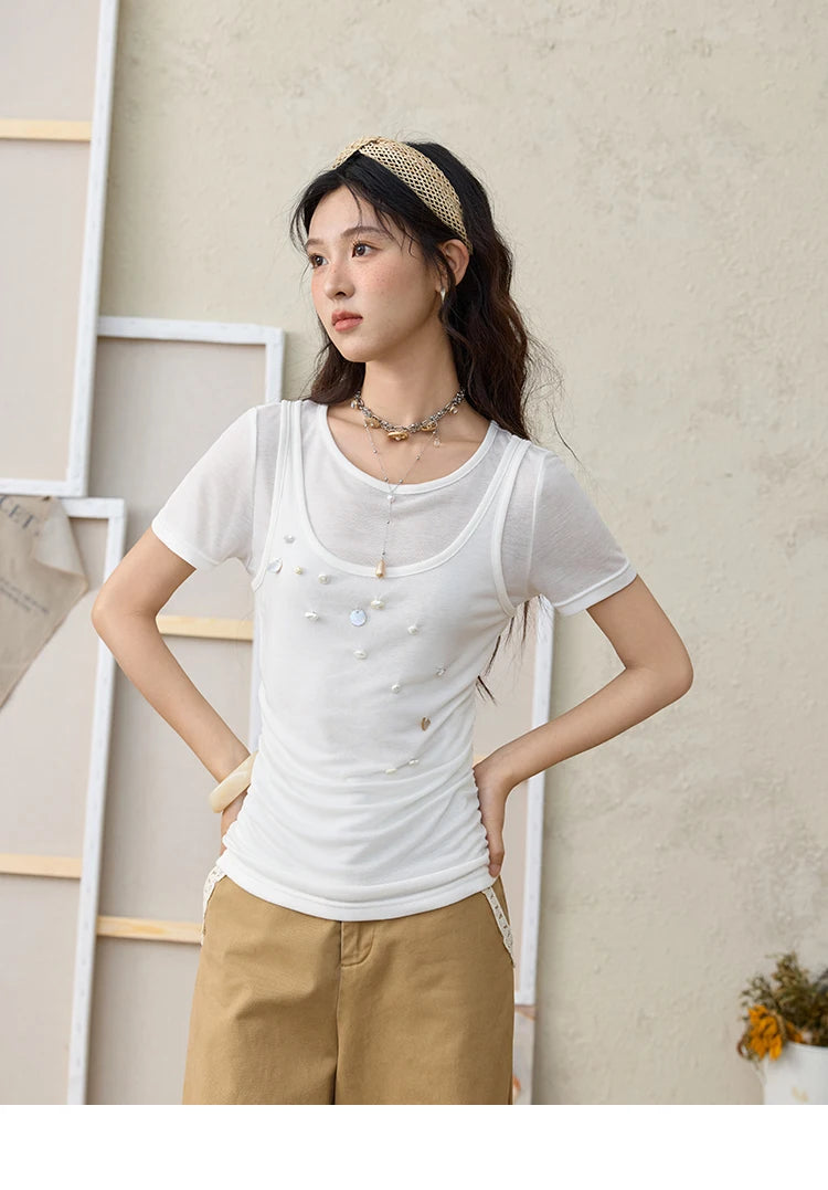 Mishow White Fake Two-Piece Bead Tee MXE35T0566