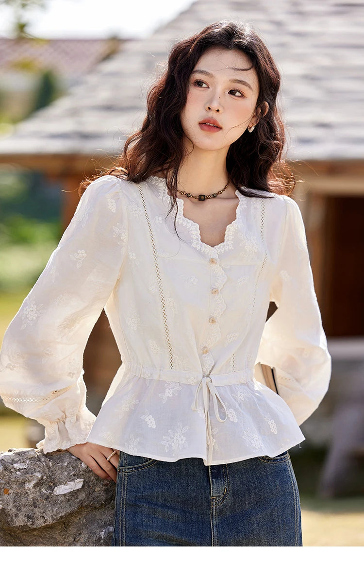 MISHOW Embroidered Lace Blouse V-Neck Drawstring MXE11X1708