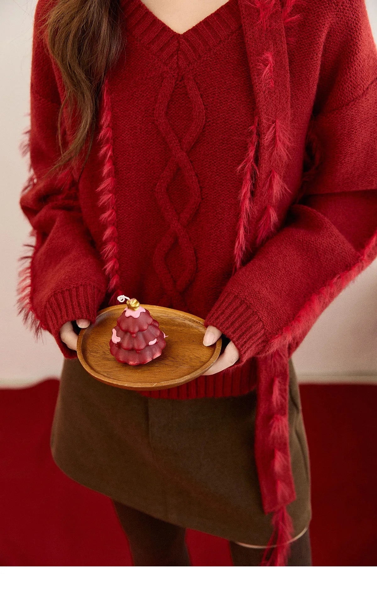 Mishow Burgundy Christmas Mink Fur Tassel Sweater MXE93Z2809