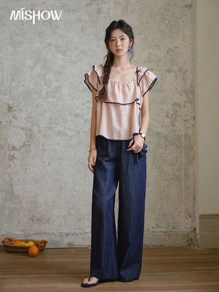 Mishow Square Neck Ruffles Plaid Blouse & High Waist Wide Leg Pants Set MXE36T0636