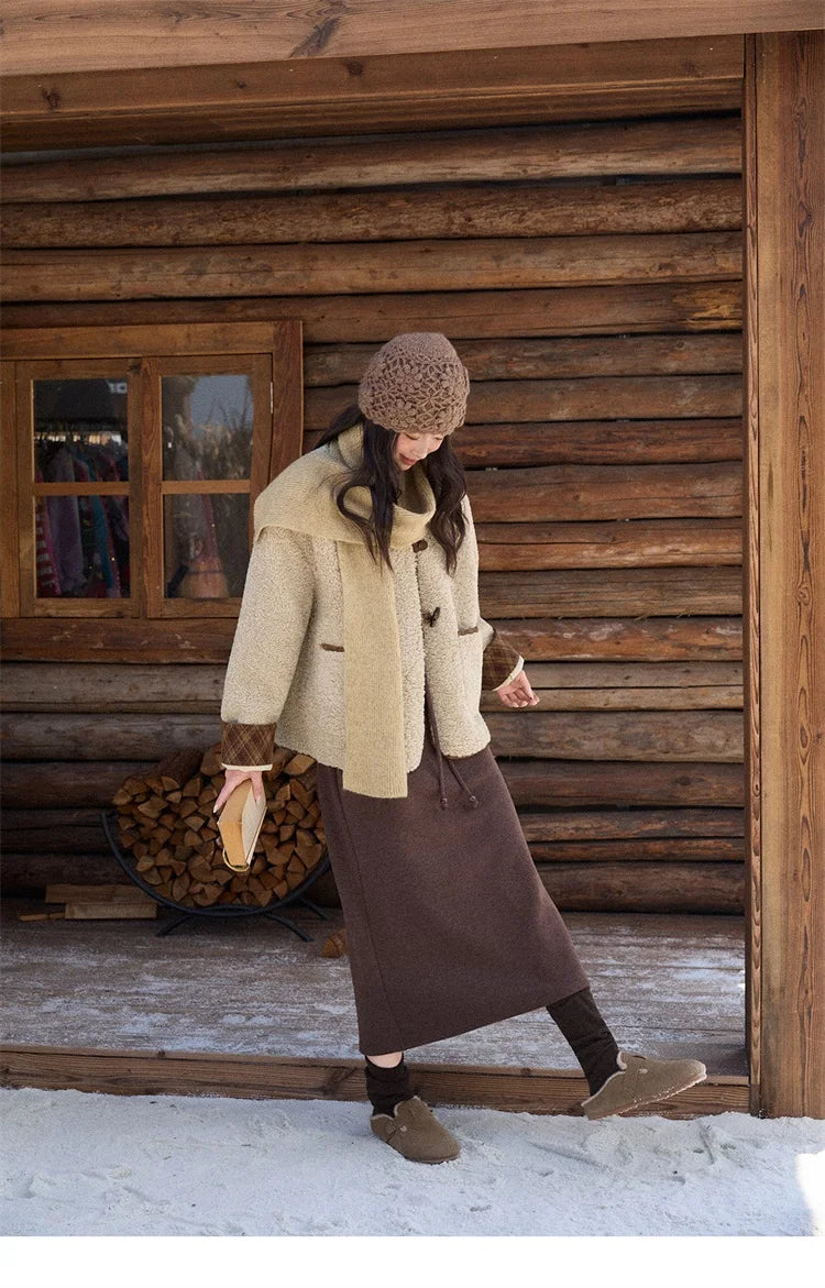 Mishow Plaid Patchwork Lamb Wool Round Neck Coat MXE90W0923
