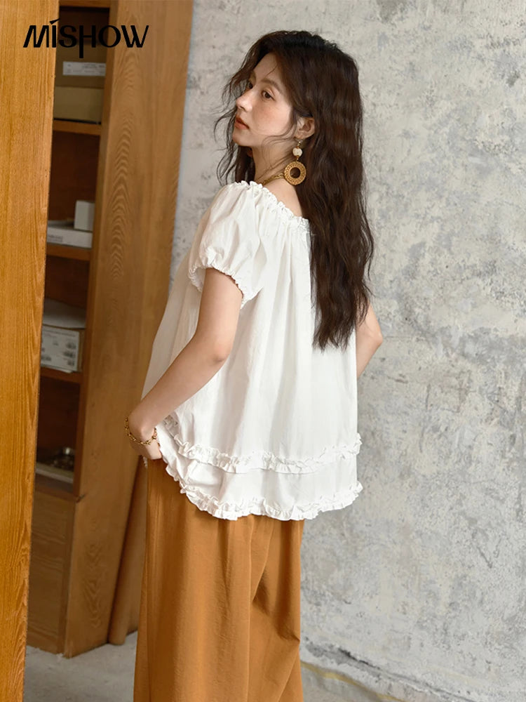 MISHOW Puff Sleeve Blouse Edible Tree Fungus Spliced MXE39X1929