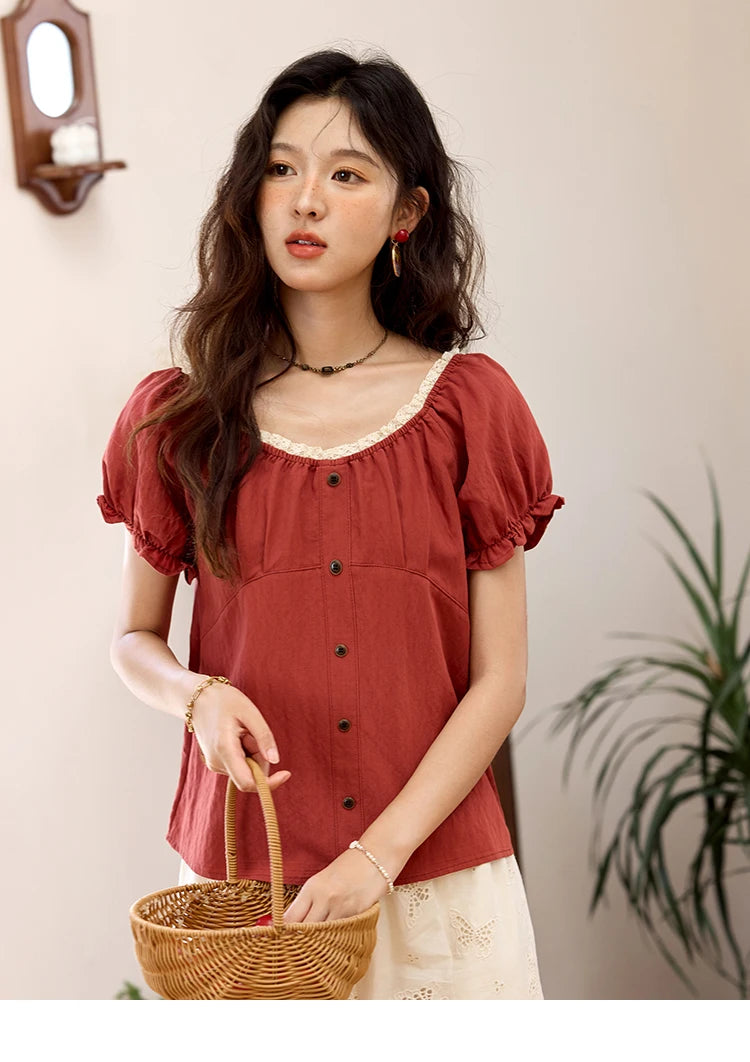 MISHOW Short Puff Sleeve Blouse Lace Collar Slimming MXE35X1827