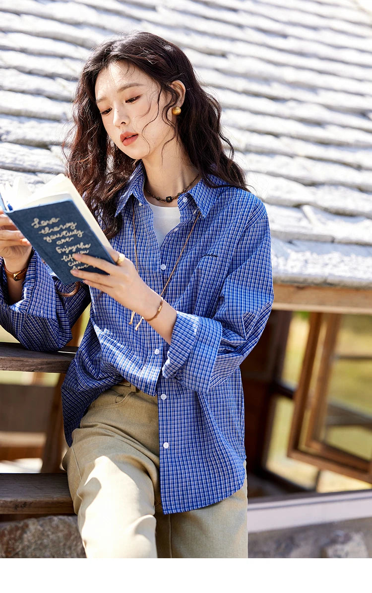 MISHOW Retro Blue Checkered Shirt Lapel Cotton Loose MXE11C0398