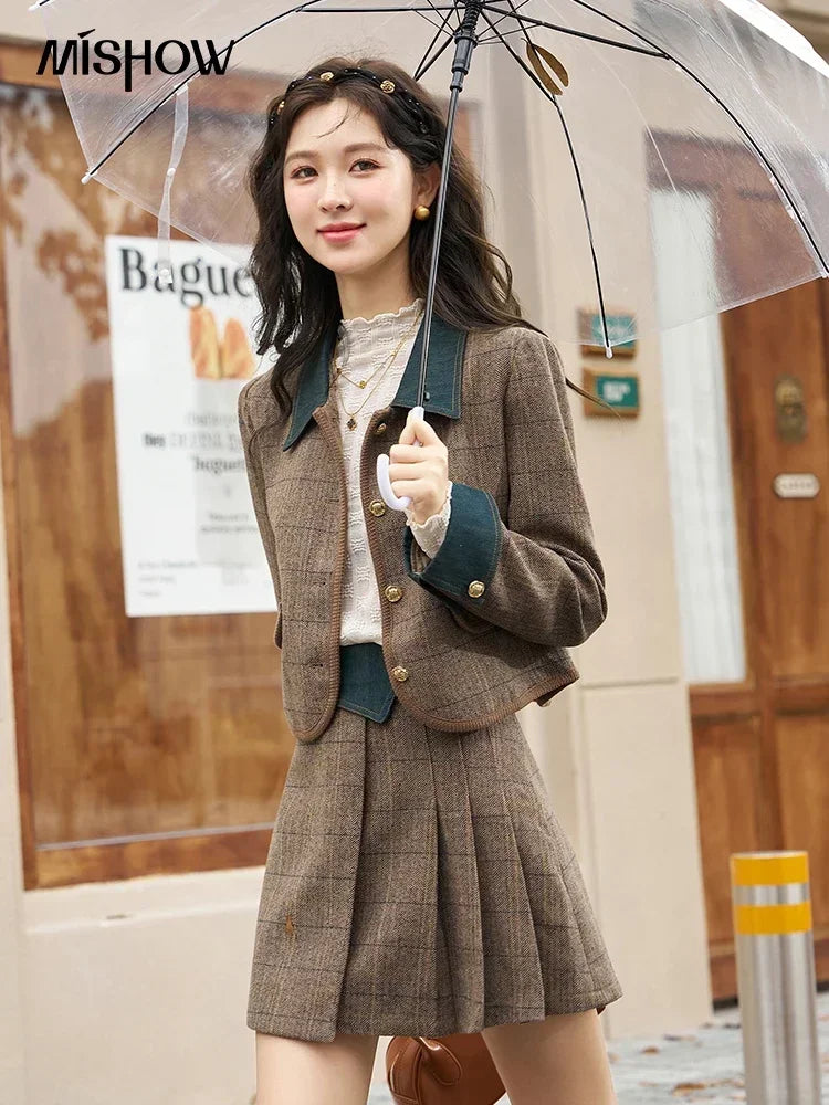 Mishow Fashion Retro Plaid Wool Jacket & Half Pleated Skirt Set MXC47W0154