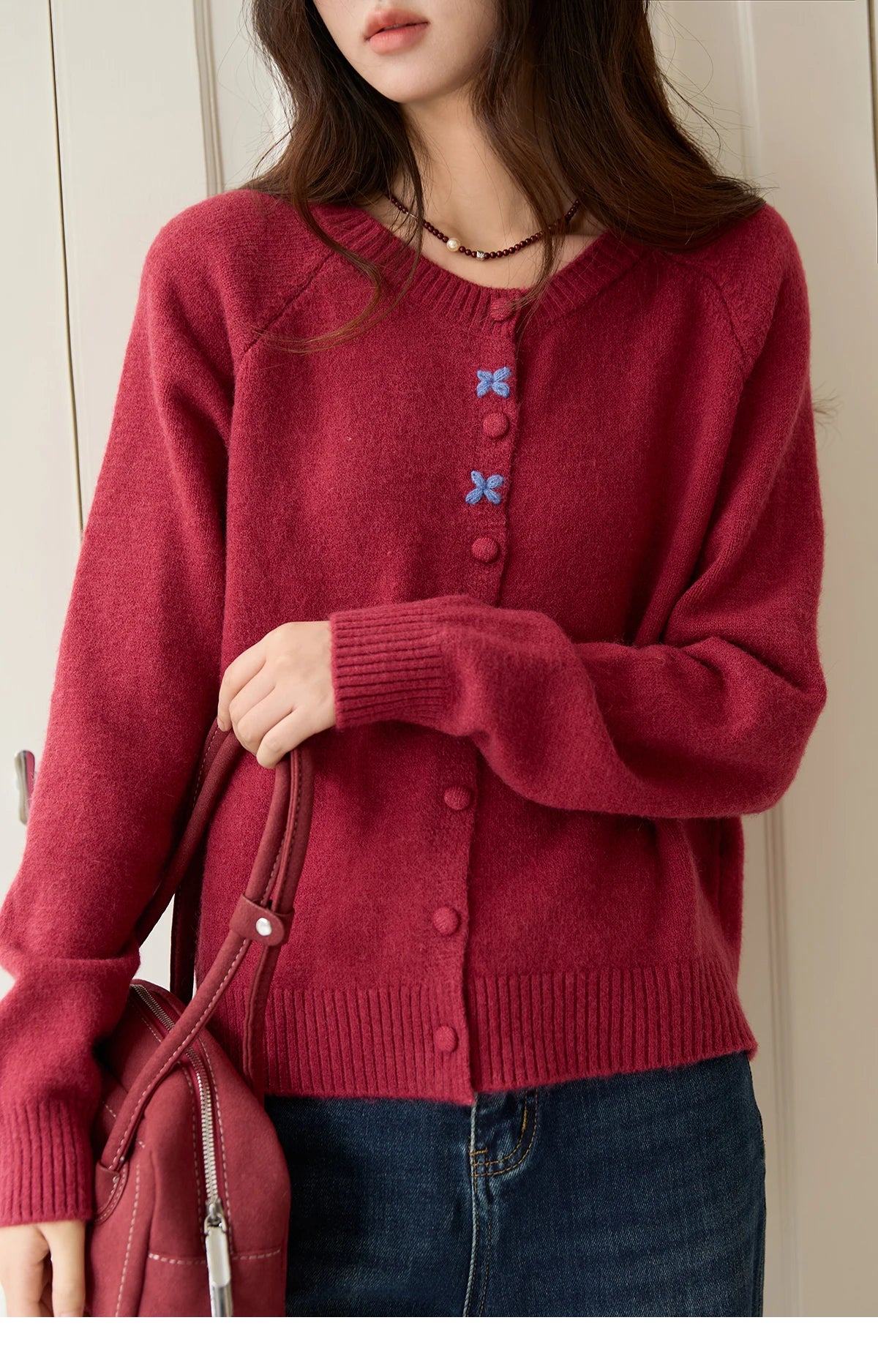 Mishow Red Round Neck Embroidered Cardigan MXE47Z2621