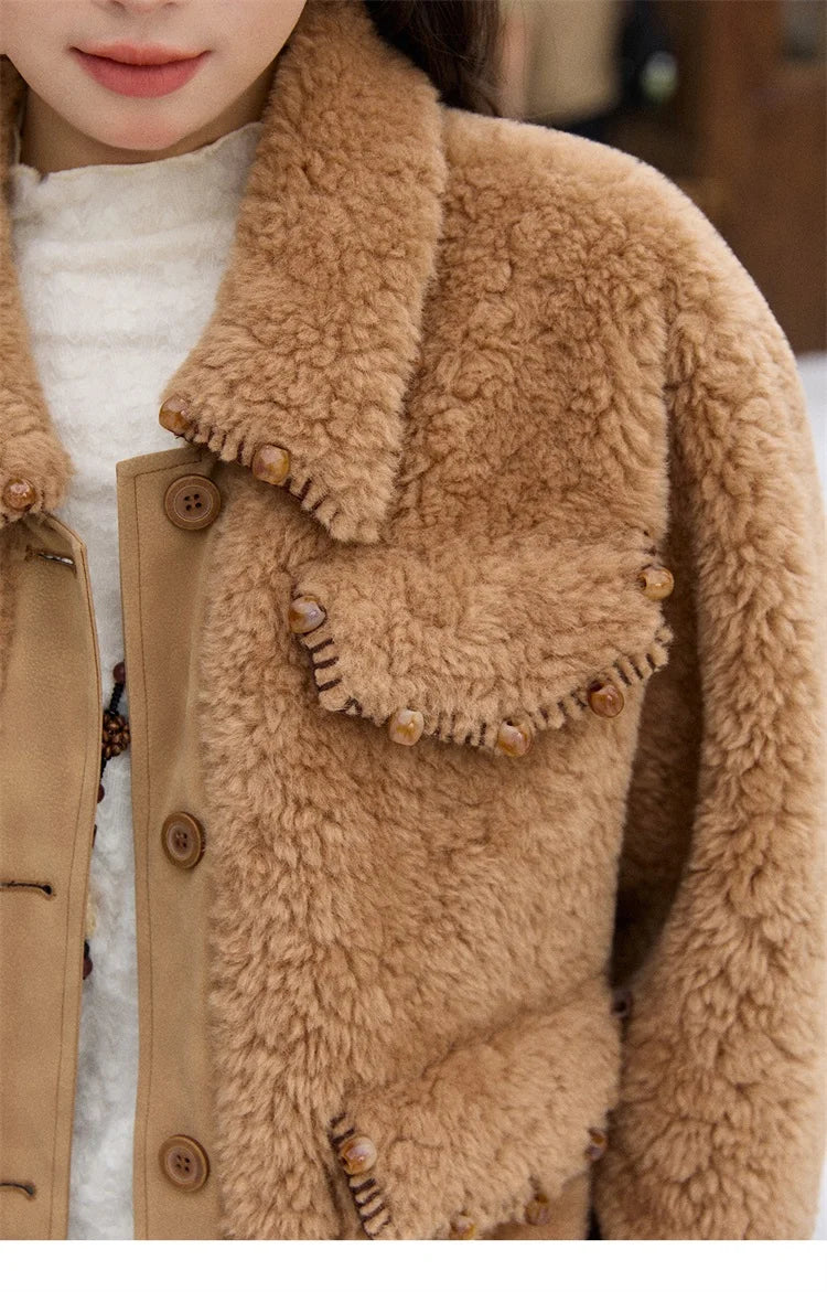 MISHOW Faux Lambskin Coat Turn-Down Collar Brown Loose MXE89W0896