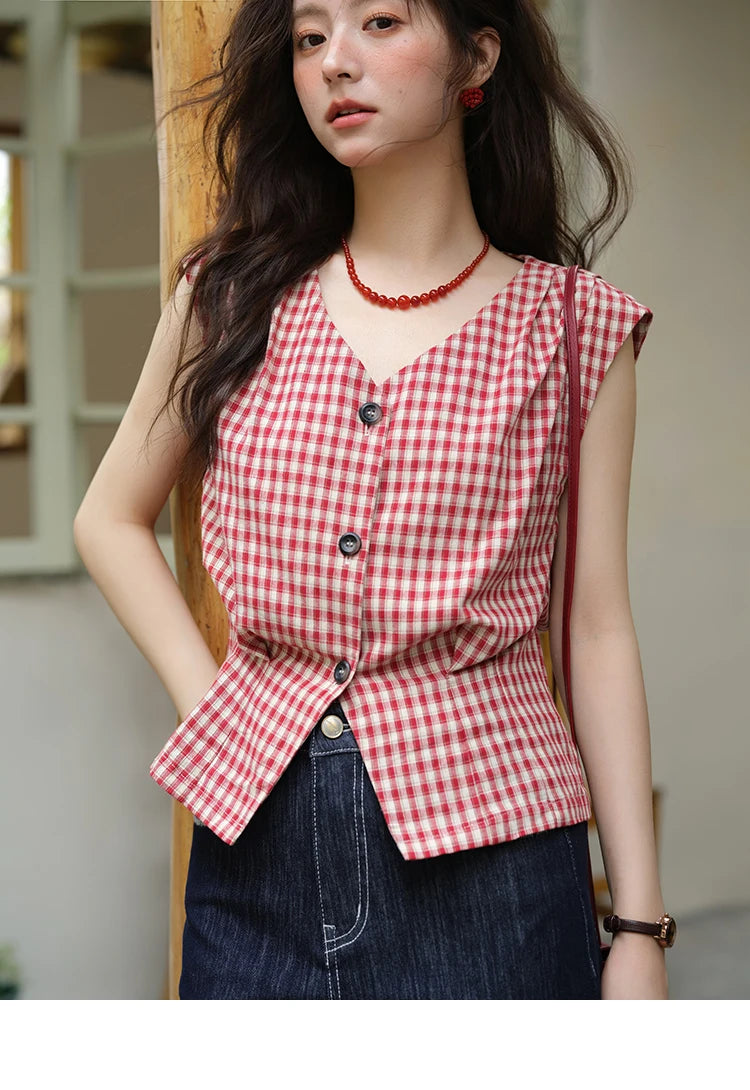 MISHOW Red Plaid V-Neck Shirt Button Front MXE37X1921