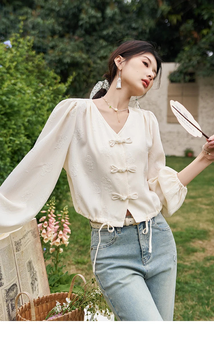 MISHOW Chinese Button Up Shirt Jacquard Drawstring Puff Sleeve MXD14X1386