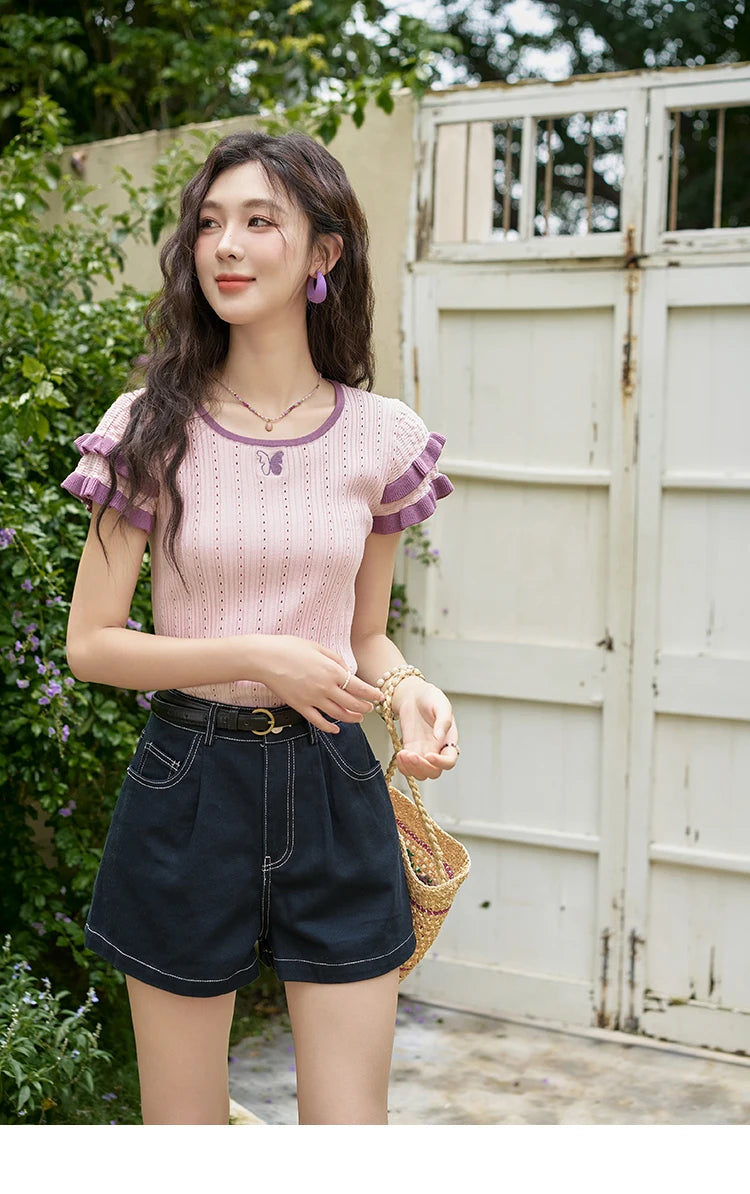 Mishow Embroidered Flower Pocket Wide Leg Denim Shorts MXD26K0707