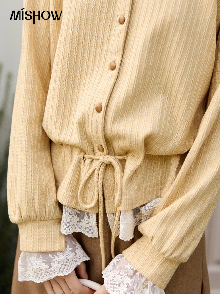 Mishow Yellow Ribbed Lace Trim Drawstring Cardigan MXF11Z2919