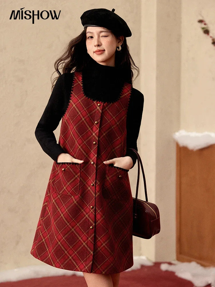 Mishow Plaid Square Neck Woolen Vest Dress MXD58L2078