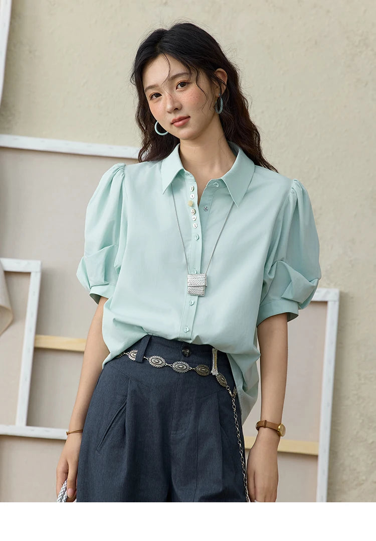 MISHOW Light Green Bubble Sleeve Shirt Lapel Collar Irregular Buttons MXE34C0788
