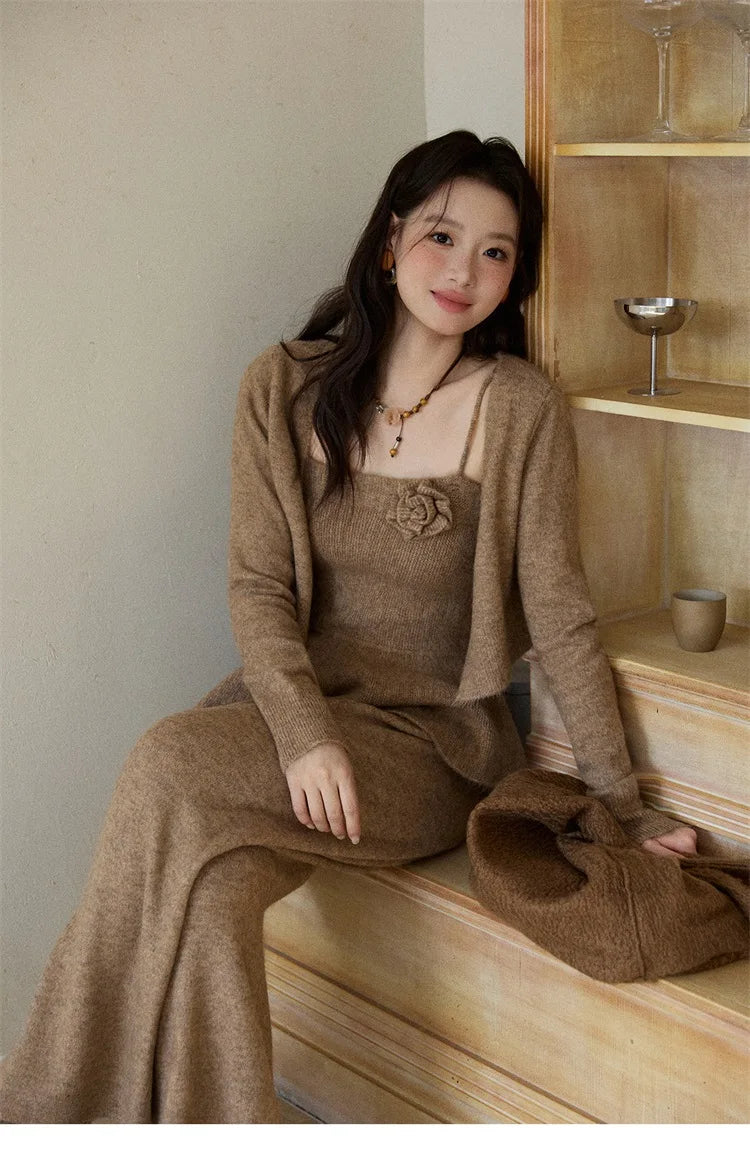 Mishow Khaki Knitted Three-Dimensional Floral Camisole Cardigan & Wide Leg Pants Three-Piece Set MXE87T1449