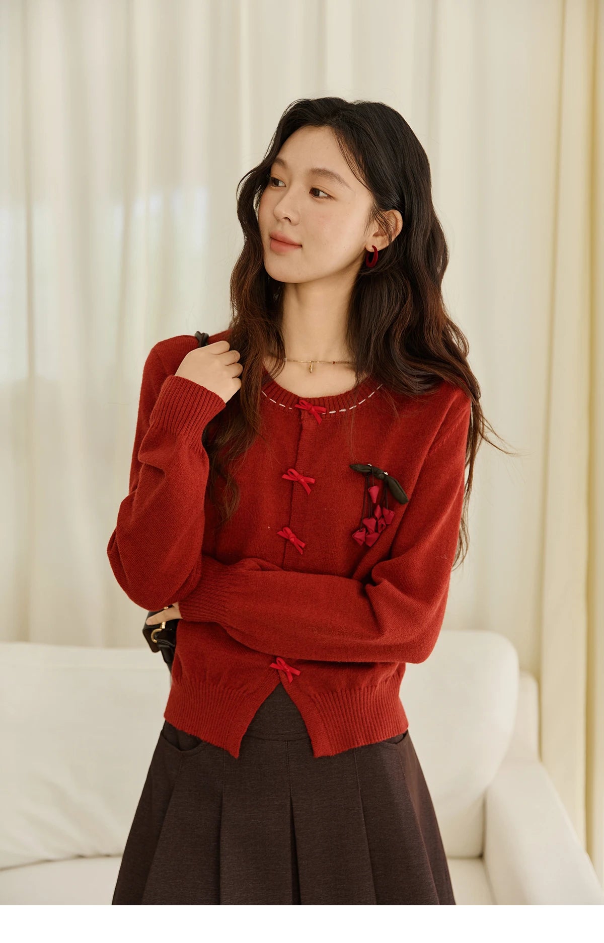 Mishow Bow Placket Lantern Sleeve Cardigan with Brooch MXE45Z1377