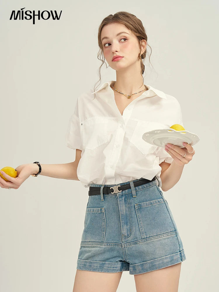 Mishow Denim Blue High Waist Straight Shorts MPD26K0618
