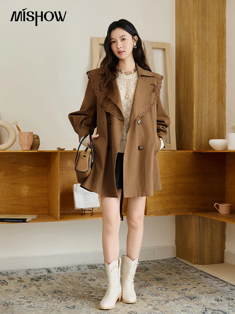 Mishow Hollow Embroidery Mid-Length Trench Coat MXE46W0862