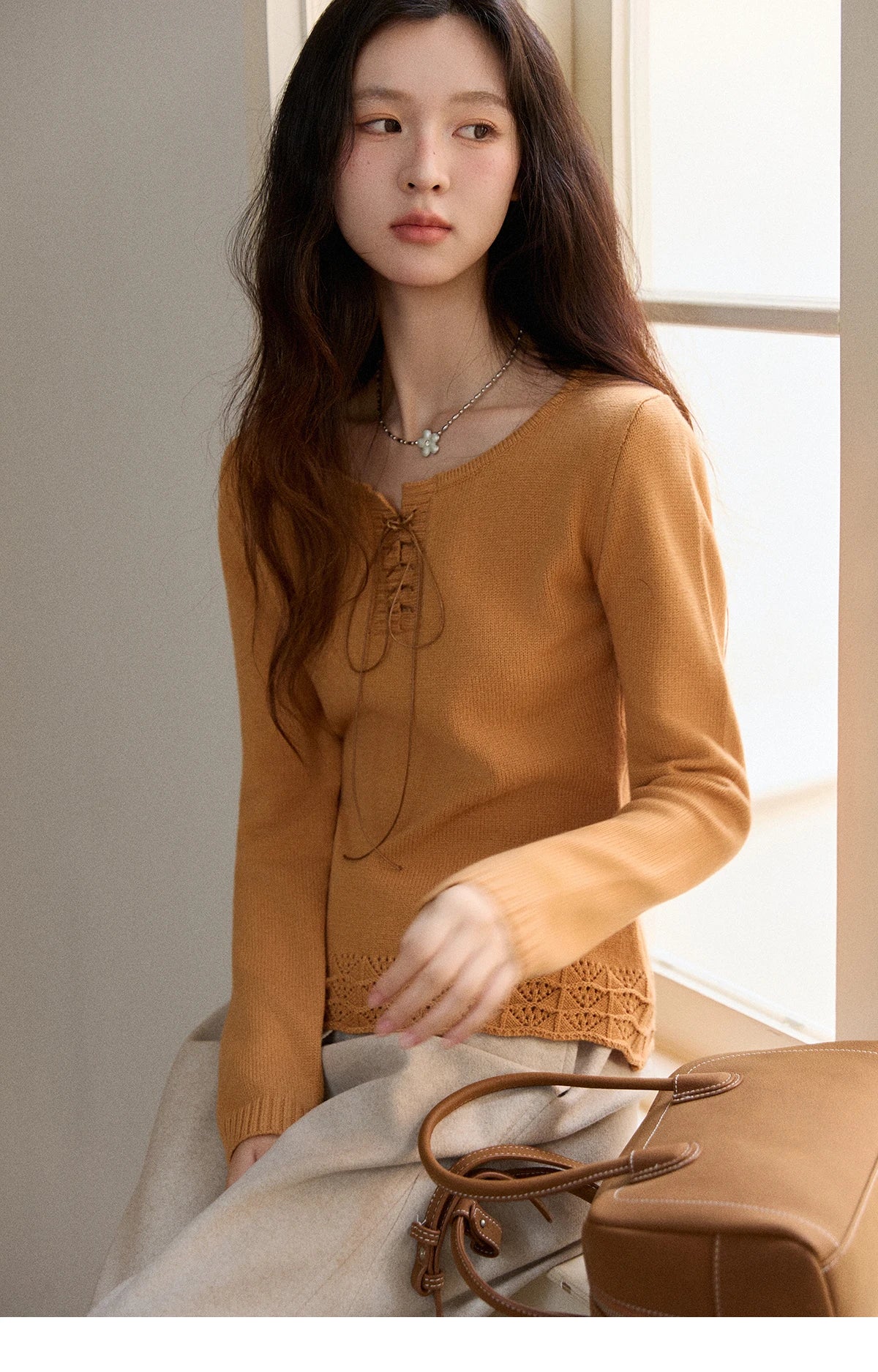 Mishow Beige Contrast French Hem Crochet Sweater MXE89Z2634