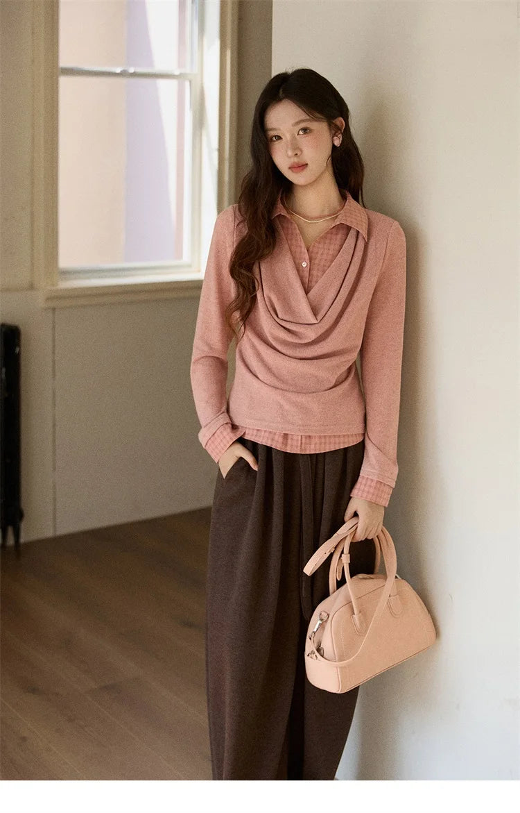 Mishow Pink Faux Two-Piece Plaid Draped Collar Pullover MXE87Z2747