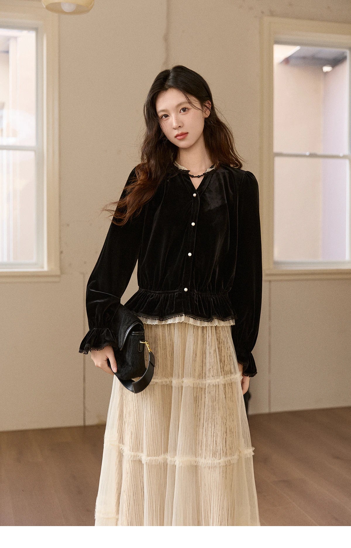 Mishow Black Velvet Lace Pearl Button Puff Sleeve Shirt MXE94X2516