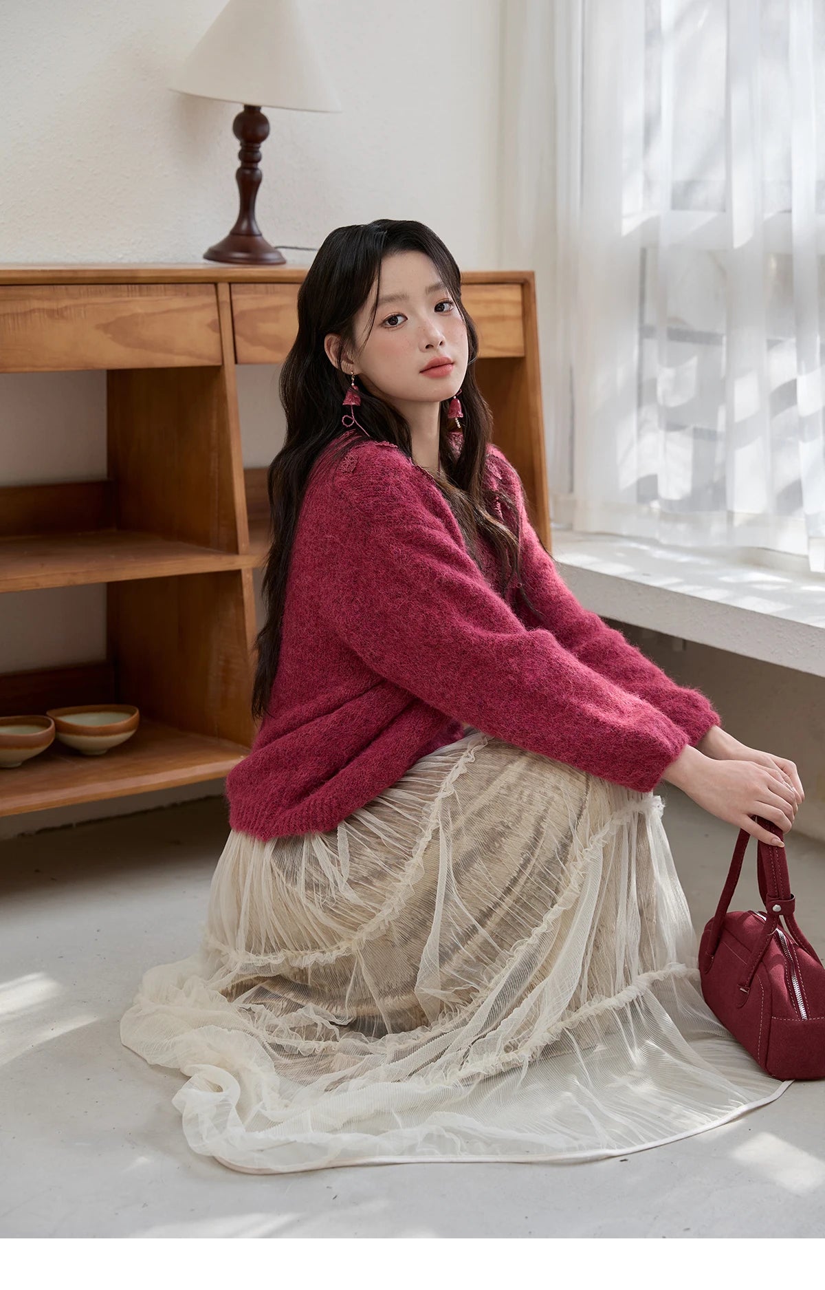 Mishow Pink Lace Wool V-Neck Lantern Sleeve Pullover MXE51Z2632