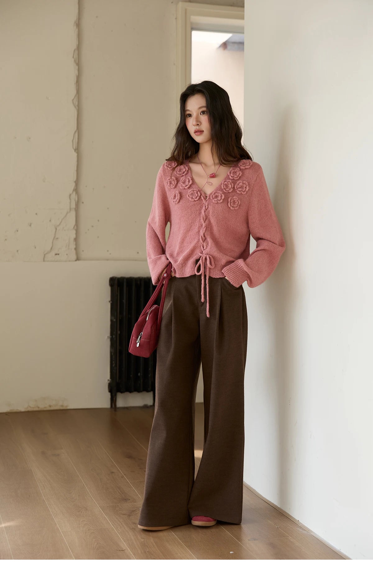 Mishow Pink 3D Rose V-Neck Loose Pullover MXE88Z2708