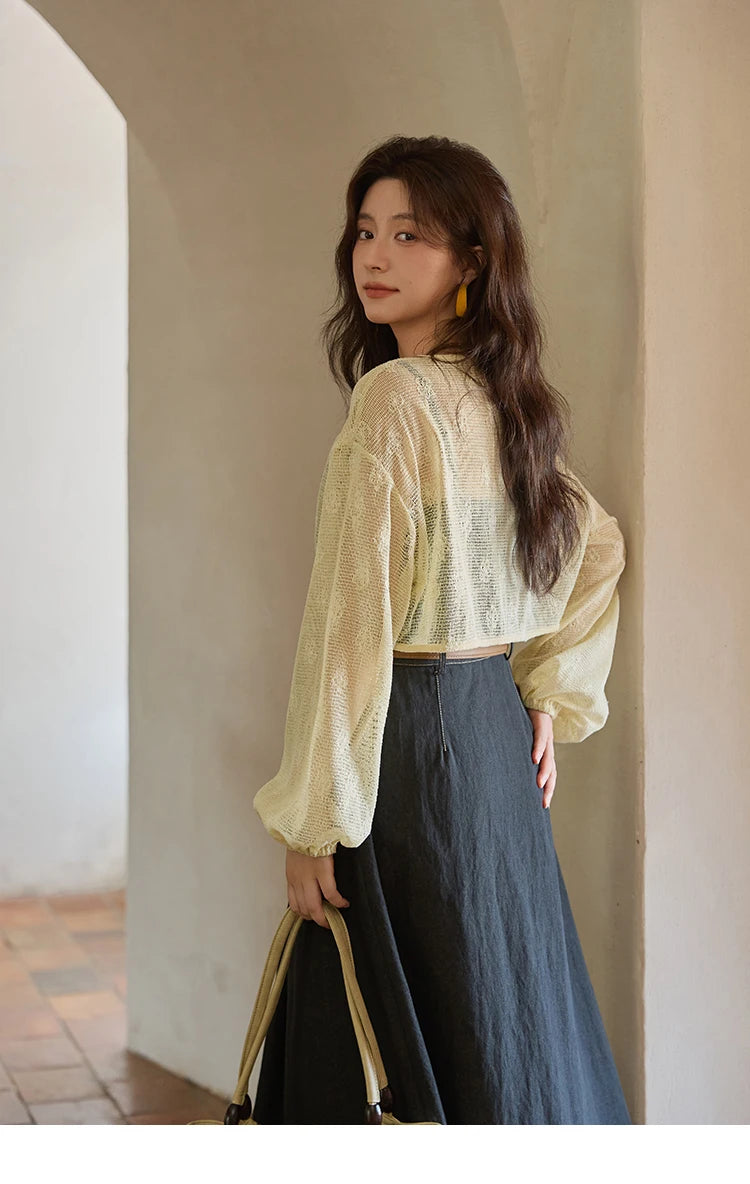 Mishow Lantern Sleeve Cardigan & Denim Strap Dress Set MXE41T0704
