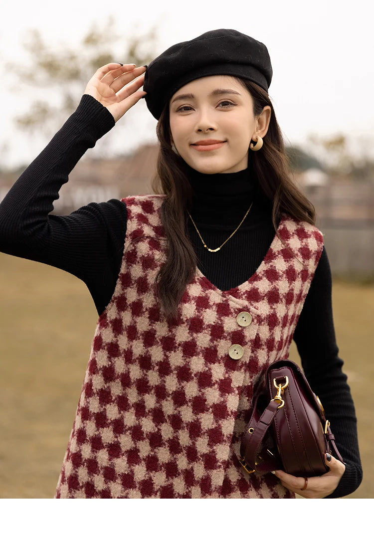 Mishow Plaid V-Neck Sleeveless Woolen Vest Dress MXB47L1332