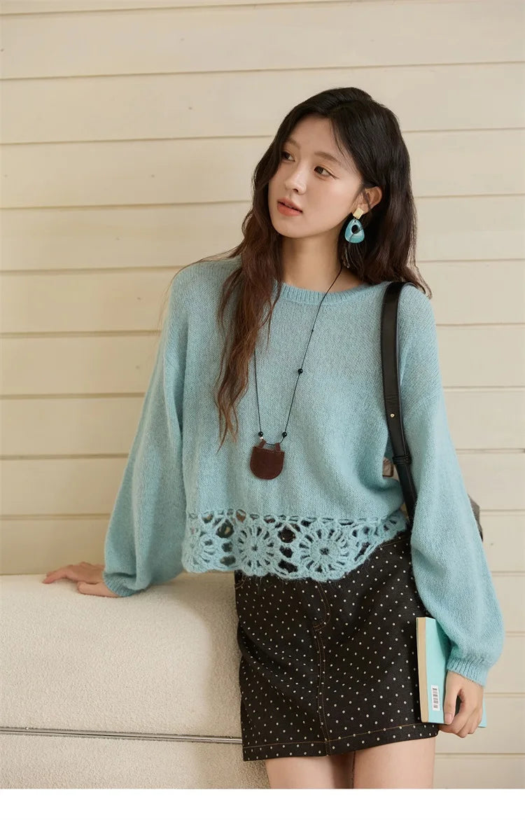 Mishow French Hollow Out Floral O-Neck Sweater MXE44Z2491
