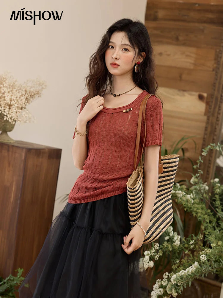 Mishow Retro Red Hollow Bead Knit Tee MXE35Z1271