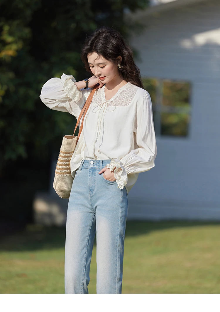 MISHOW Lace Patchwork Shirt V-Neck Fungus Edge Petal Sleeve MXE13X1713