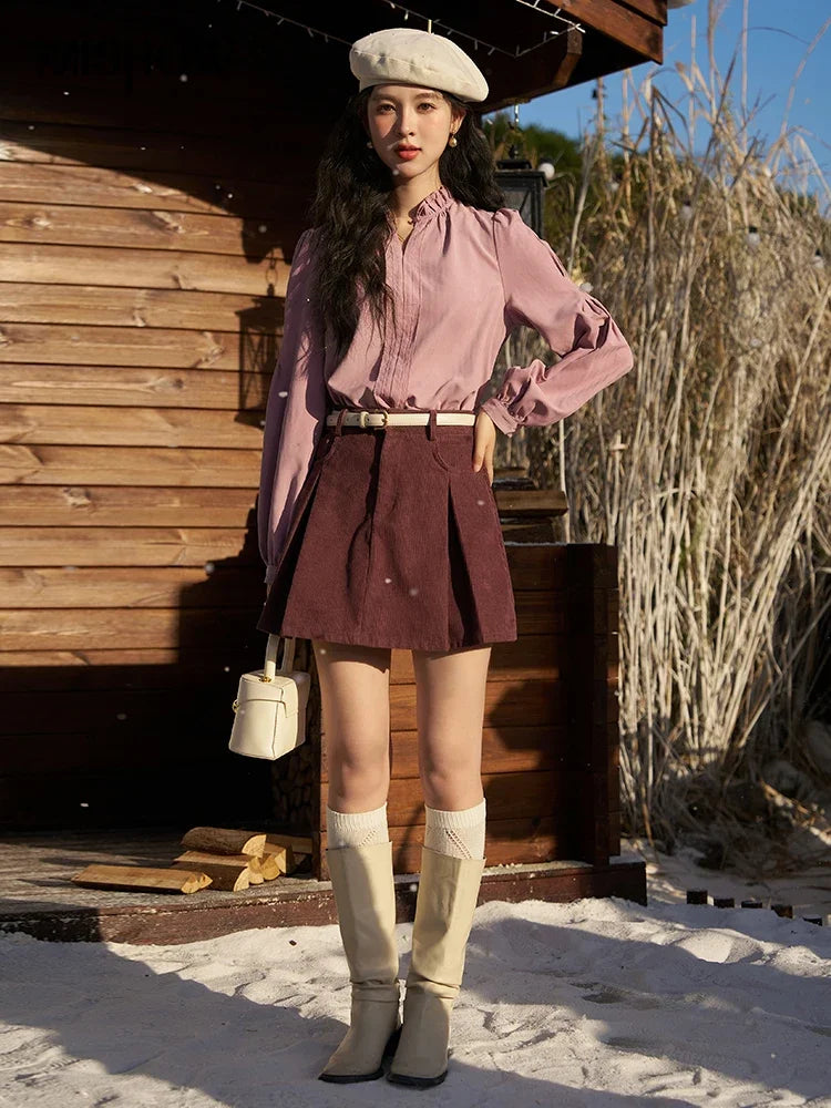 MISHOW Button Up Lantern Sleeve Shirt Ruffle Neck MXC56X1320