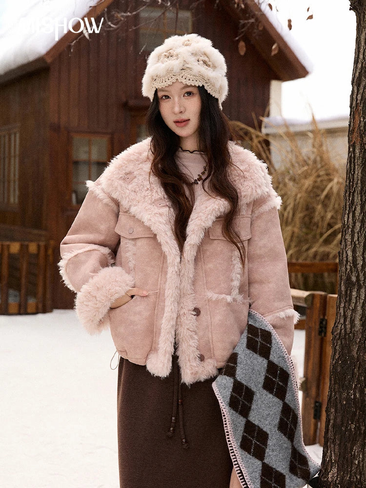 MISHOW Pink Plush Patchwork Coat Stand Collar Windproof MXE51W0911