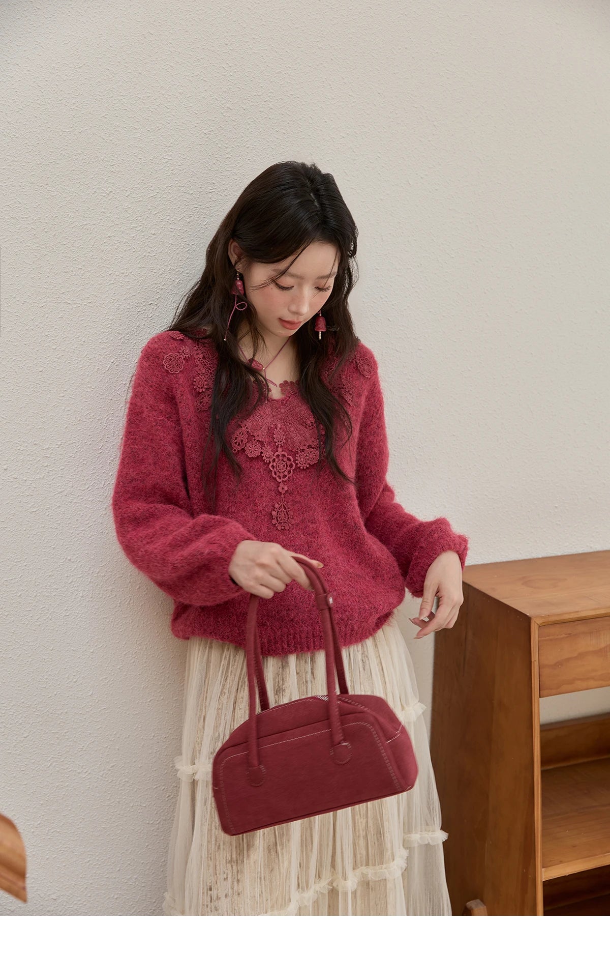 Mishow Pink Lace Wool V-Neck Lantern Sleeve Pullover MXE51Z2632