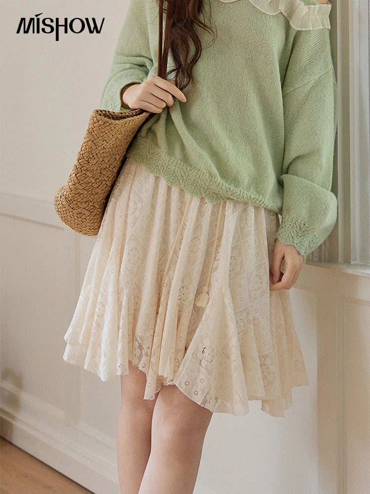 Mishow Beige Apricot Lace Tassel Midi Skirt MXF108B0768