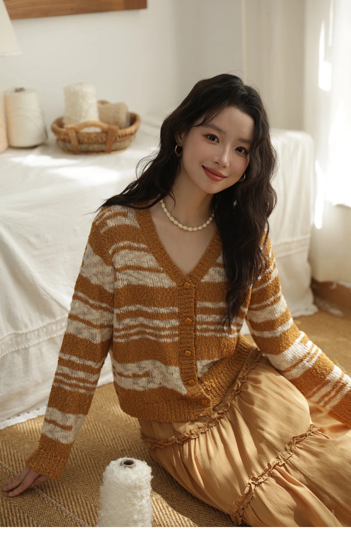 Mishow Retro Yellow Striped V-Neck Cardigan MXE44Z2516