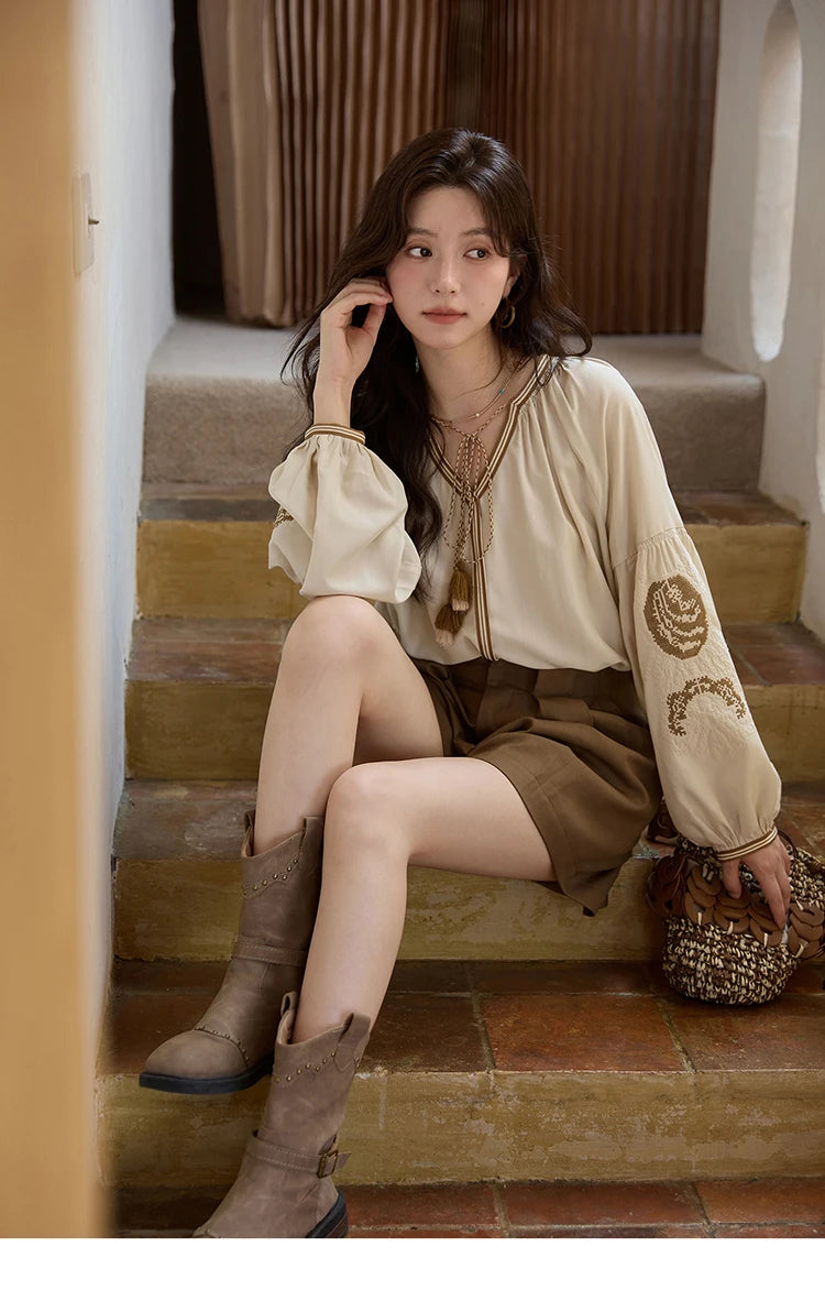 MISHOW Apricot Embroidered Blouse Tassels Lantern Sleeves MXE41X1940