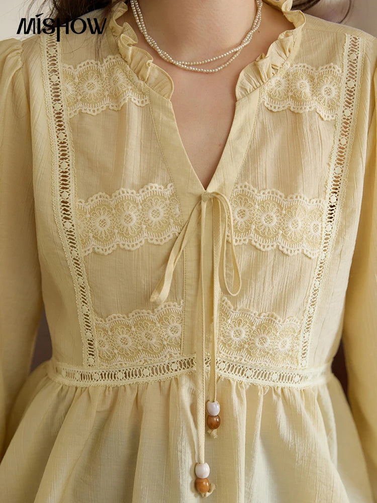 MISHOW French V-Neck Blouse Lace Patchwork Lantern Sleeve MXE41X1925