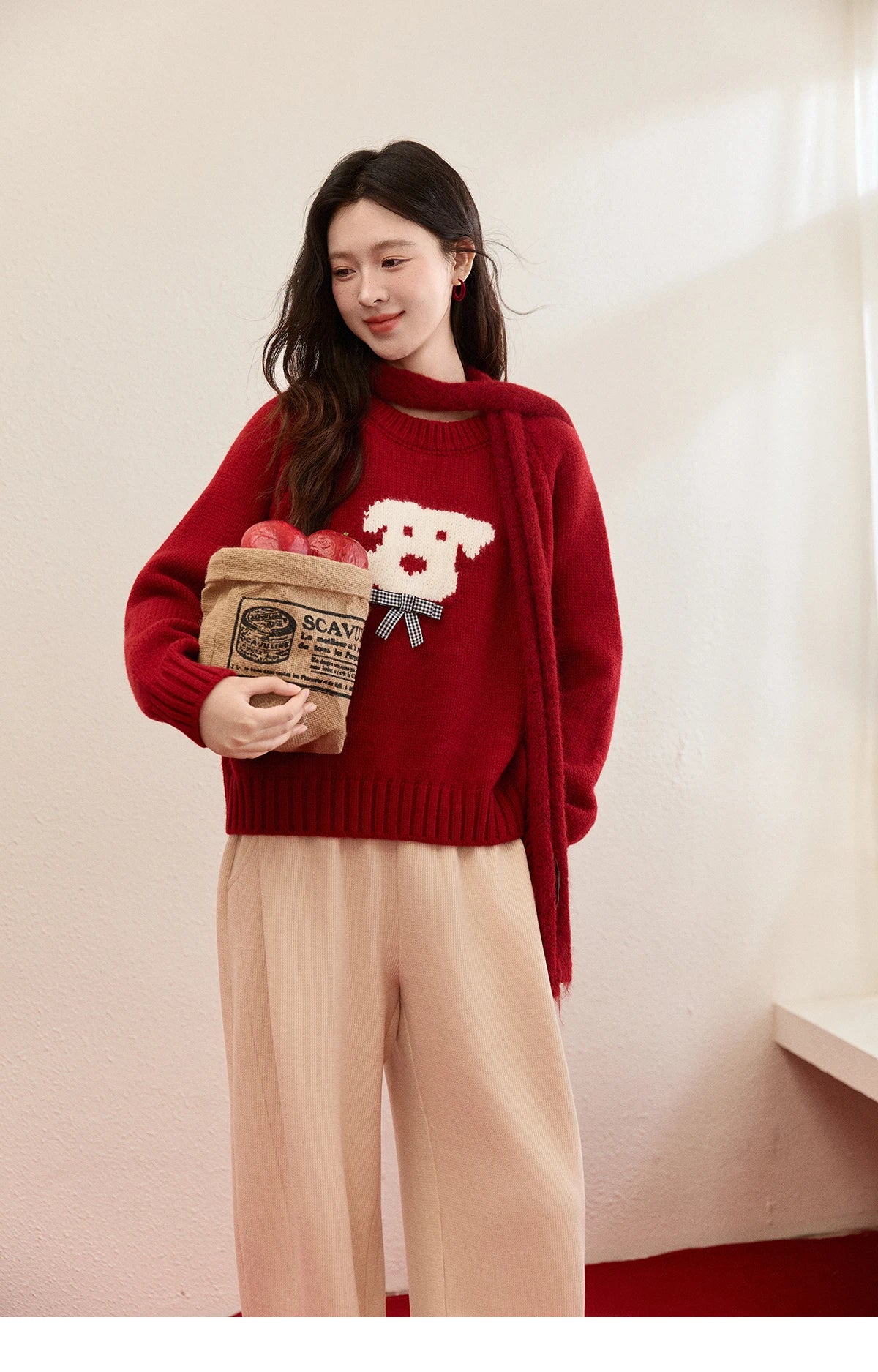 Mishow Red Puppy Jacquard Crew Neck Sweater MXE93Z2932