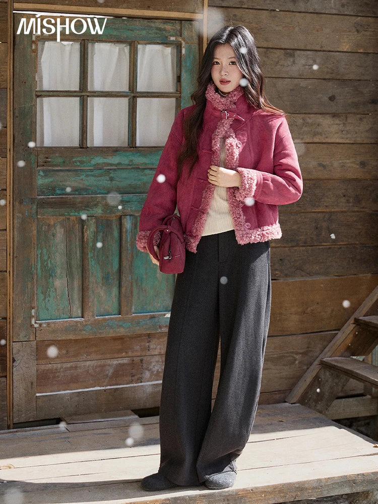 Mishow Dragon Fruit Red Suede Patchwork Coat MXE87W0942