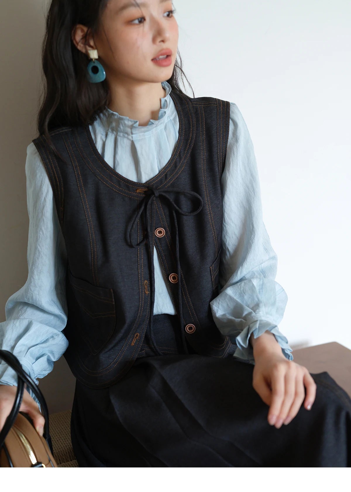 Mishow Deep Blue Imitation Denim Lace-Up Vest MXE41W0797