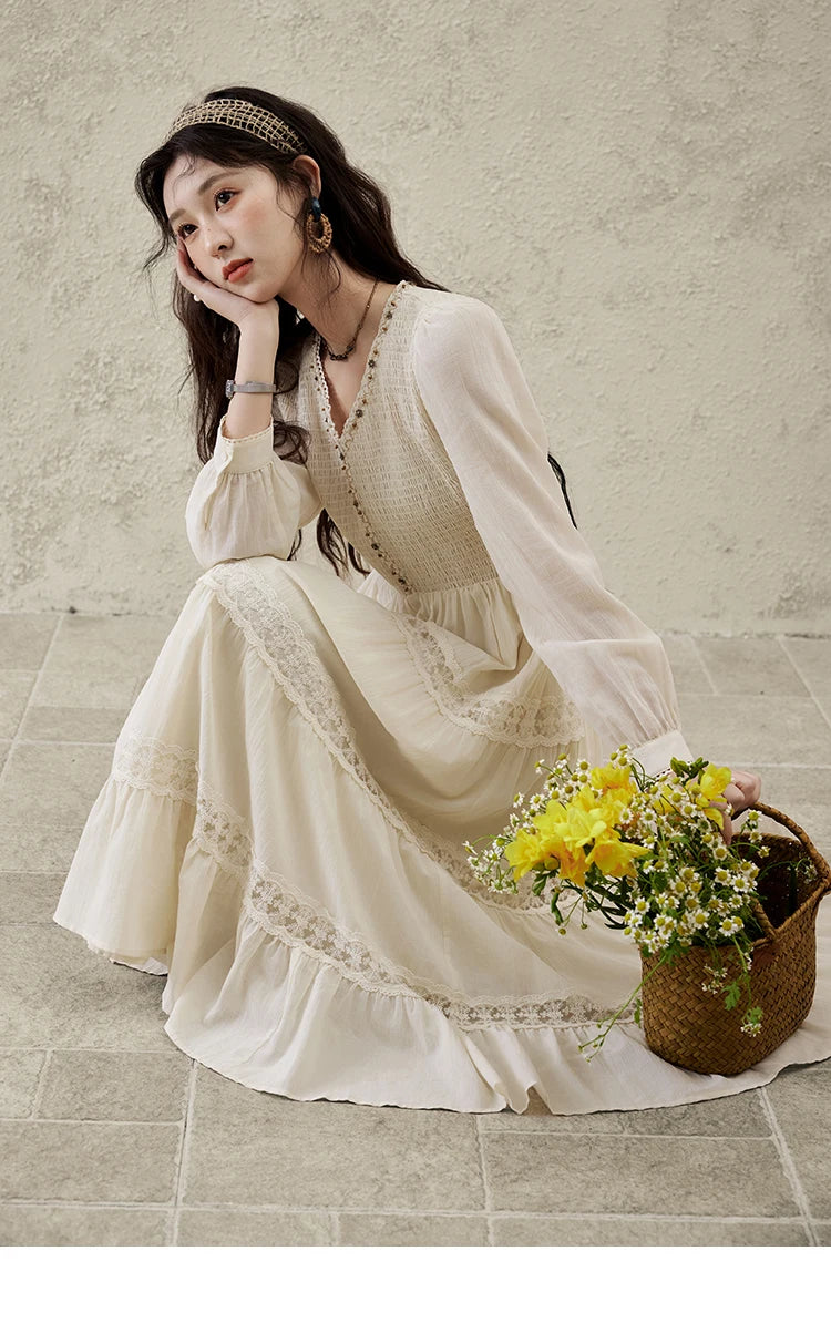Mishow Apricot 100% Cotton Splicing Lace Dress MXE16L2168