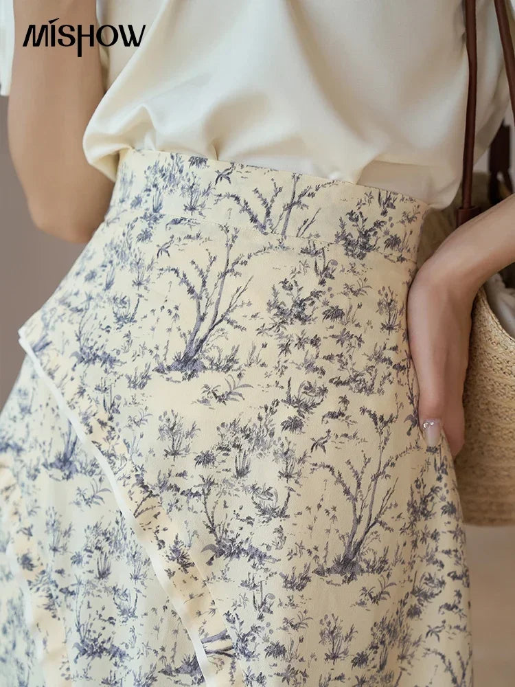 MISHOW Retro Floral Midi Skirt Side Split High Waist Elastic MXC37B0044