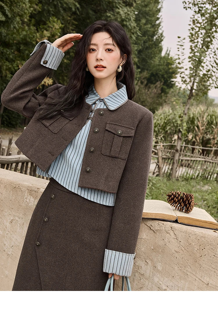 Mishow Plaid Tweed O-Neck Jacket & Front Slit Long Skirt Set MXD43W0445