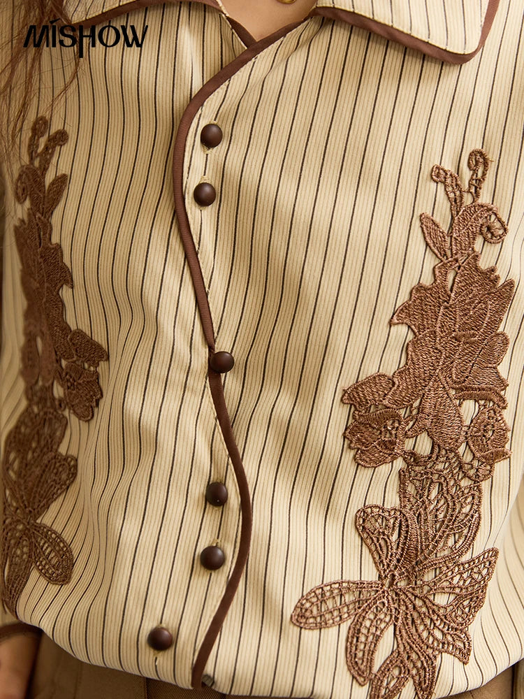 MISHOW Khaki Brushed Striped Shirt Lace Embroidered Asymmetric Placket MXE45C2402