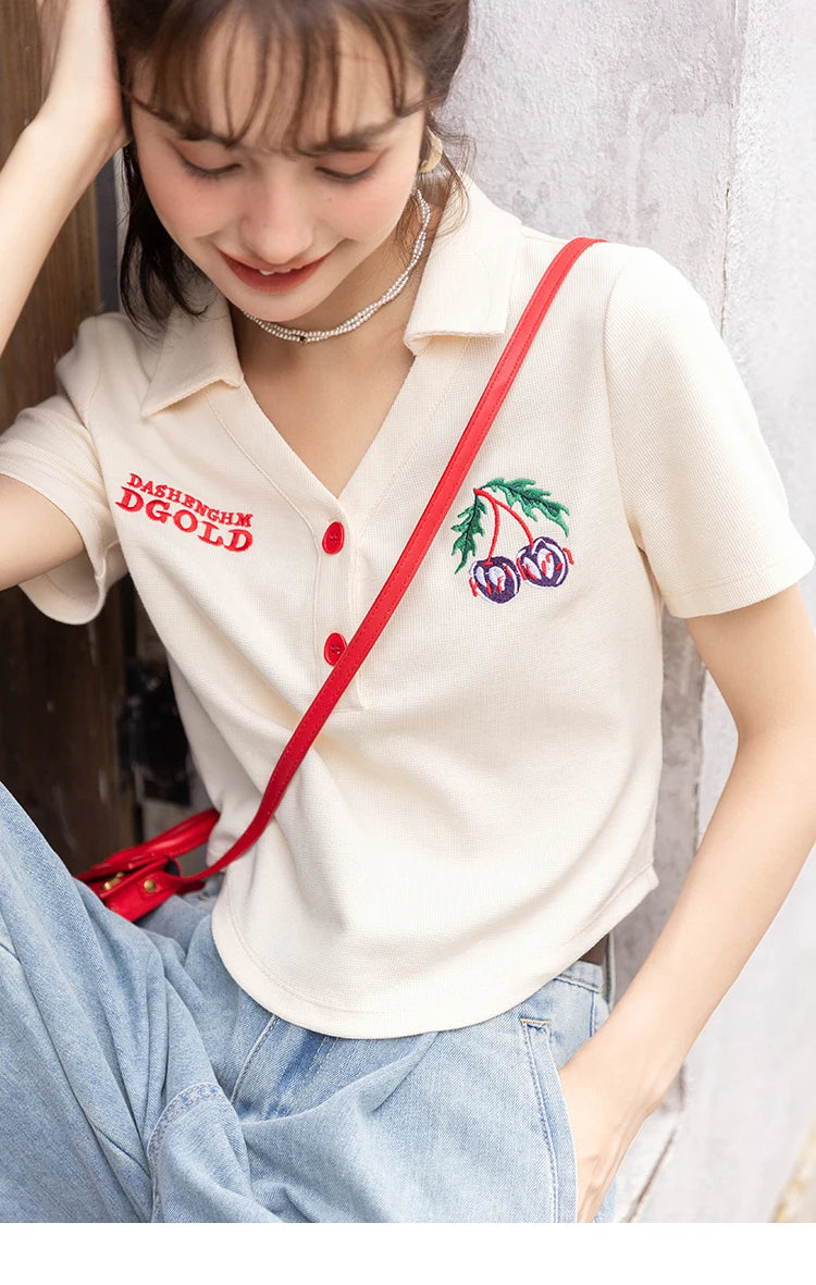 Mishow Korean Polo Collar Embroidery Letter Tee MXB32T0477