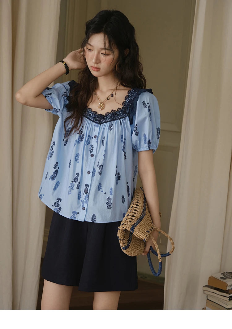 MISHOW Print Cotton Shirt Puff Sleeve Lace Splicing MXE35X1842